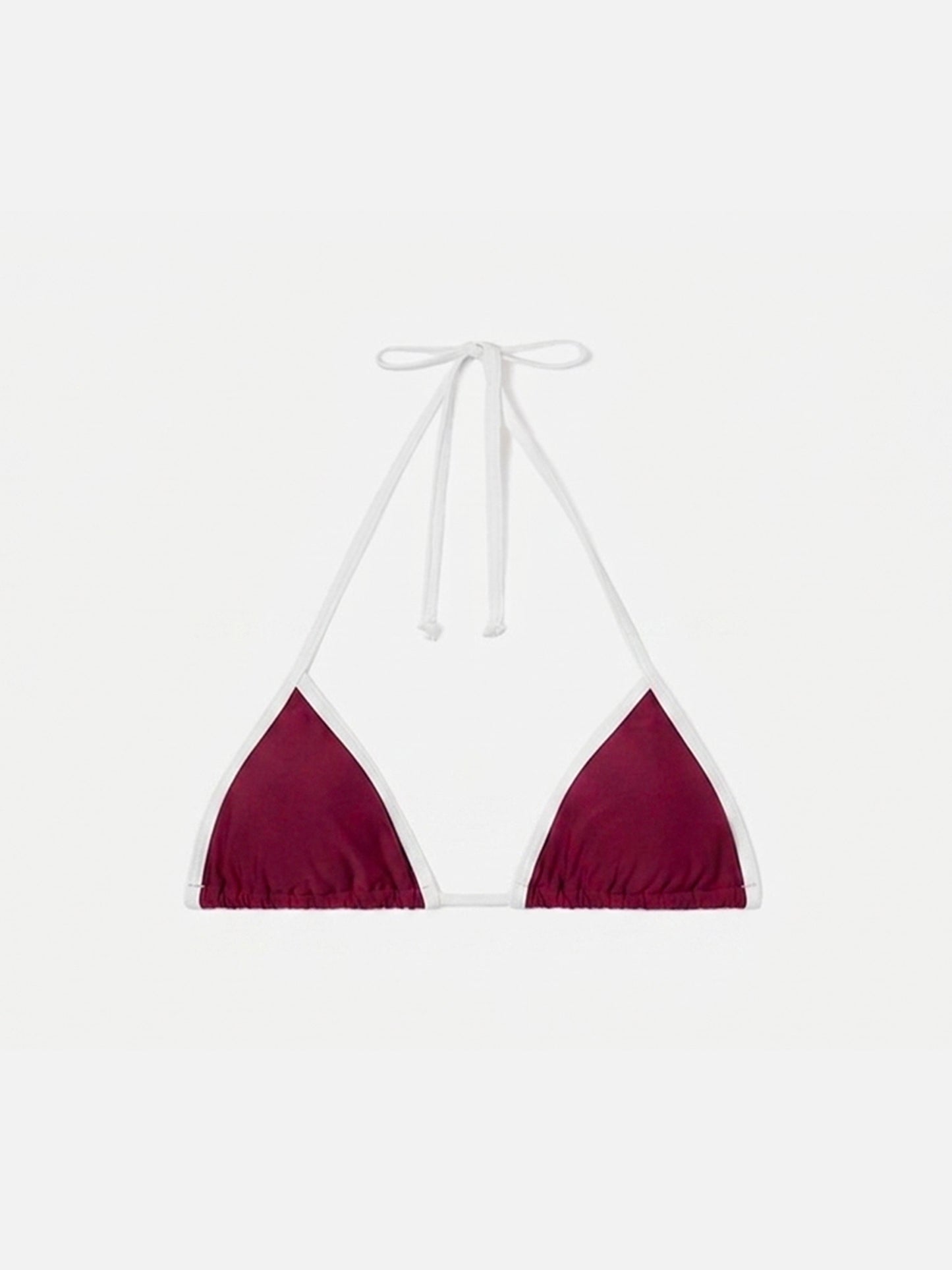 Leah String triangle bikini top in burgundy with white trims