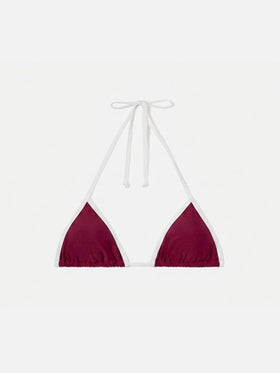 Leah String triangle bikini top in burgundy with white trims