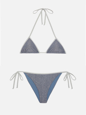 Leah Marielle klassischer Triangel-Bikini aus blauem Aviator-Lurex mit silbernen Verzierungen