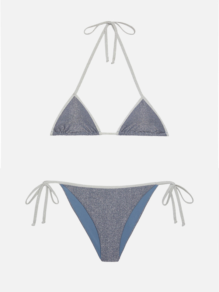 Leah Marielle klassischer Triangel-Bikini aus blauem Aviator-Lurex mit silbernen Verzierungen