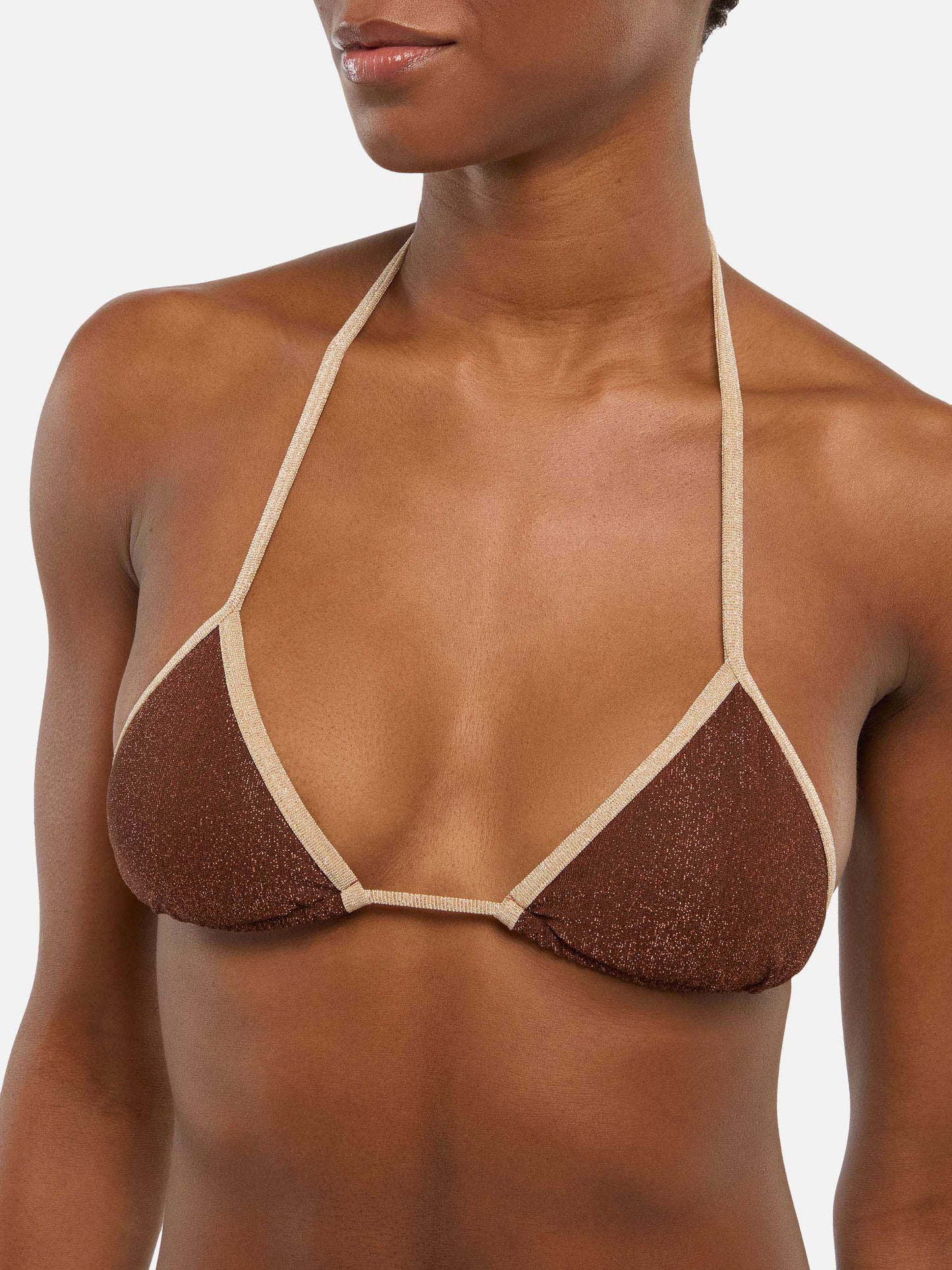 Leah brown lurex triangle top with gold piping