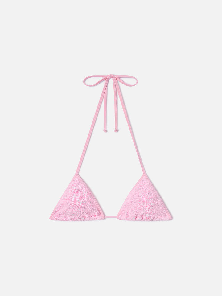 Leah String triangle bikini top in pink with white trims