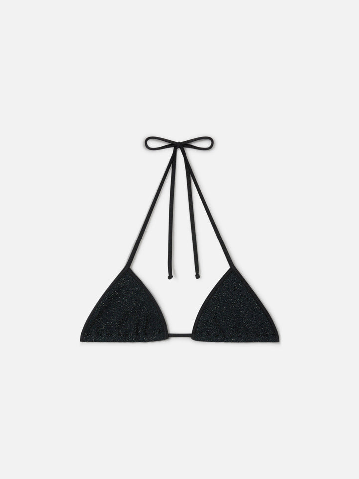 Leah String triangle bikini top in black crinkle lurex fabric