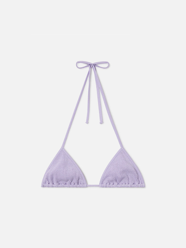 Leah String triangle bikini top in lilac crinkle lurex fabric