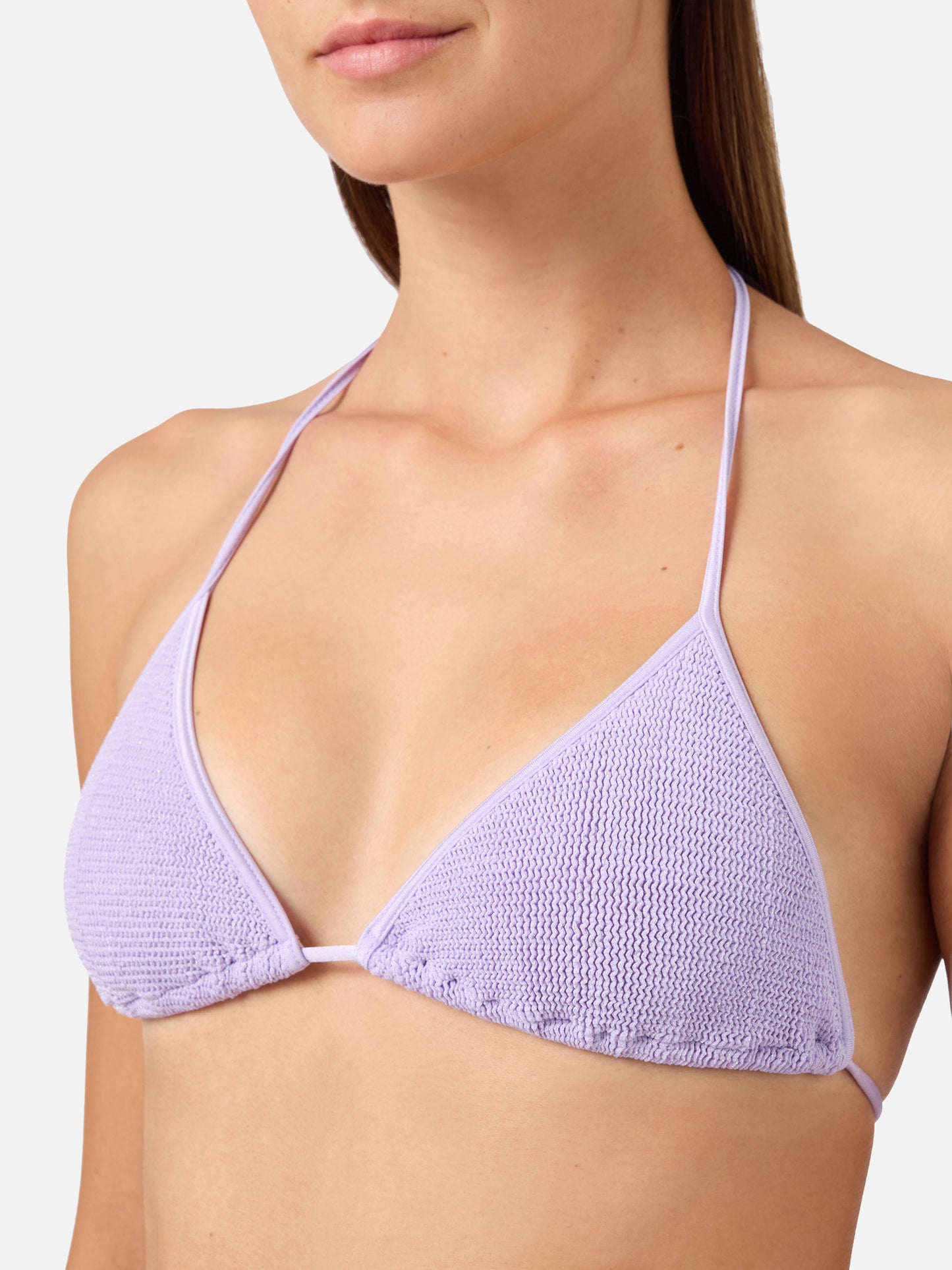 Leah Triangel-Bikinioberteil mit Bindebändern aus lilafarbenem Crinkle-Lurexstoff 