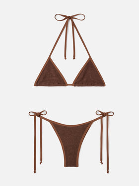 Leah Norah braunes Triangle-Bikini aus Crinkle mit Paspelierung 