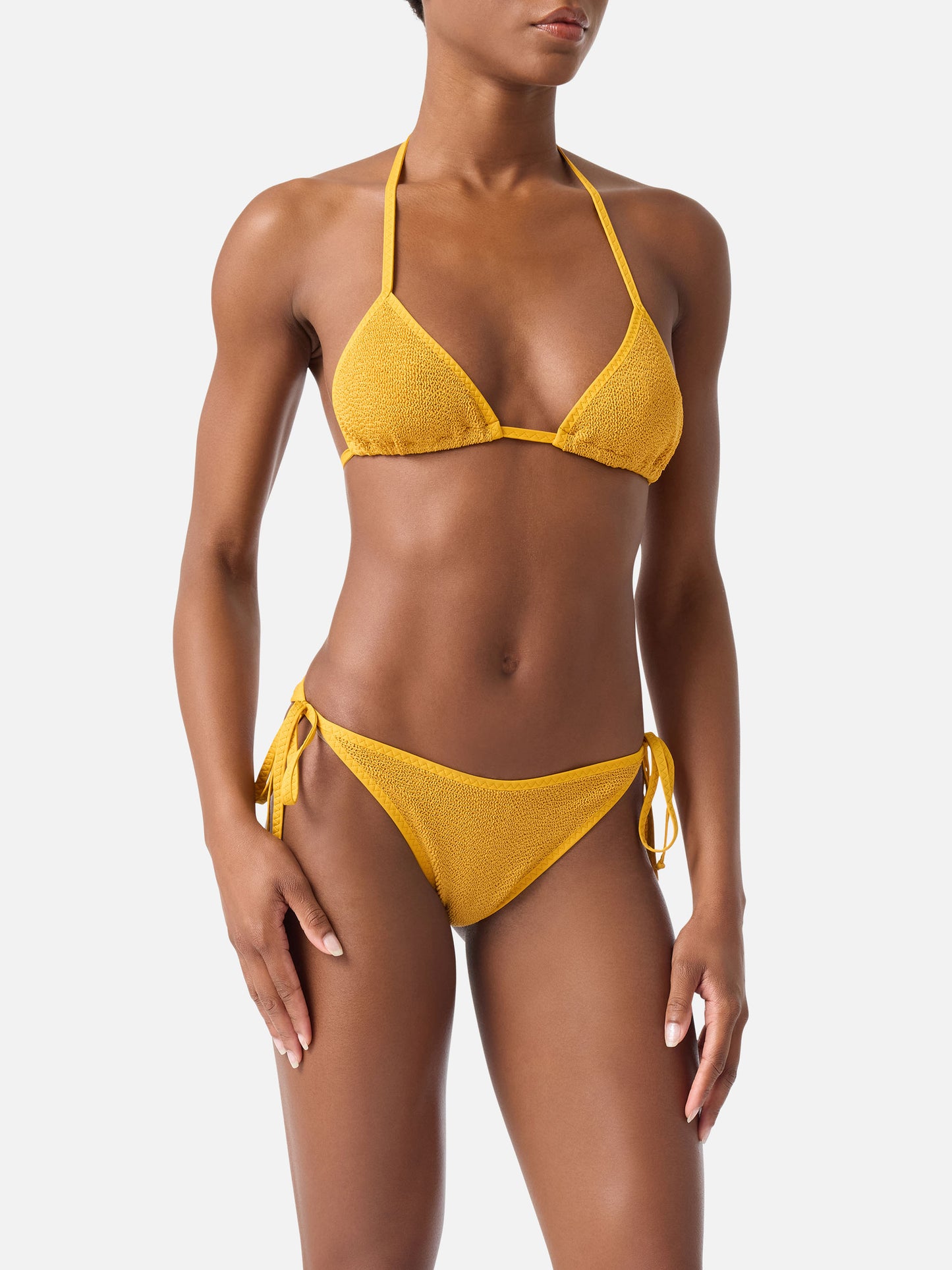 Leah Marielle ockerfarbenes Triangel-Bikini aus Crinkle mit Paspelierung 