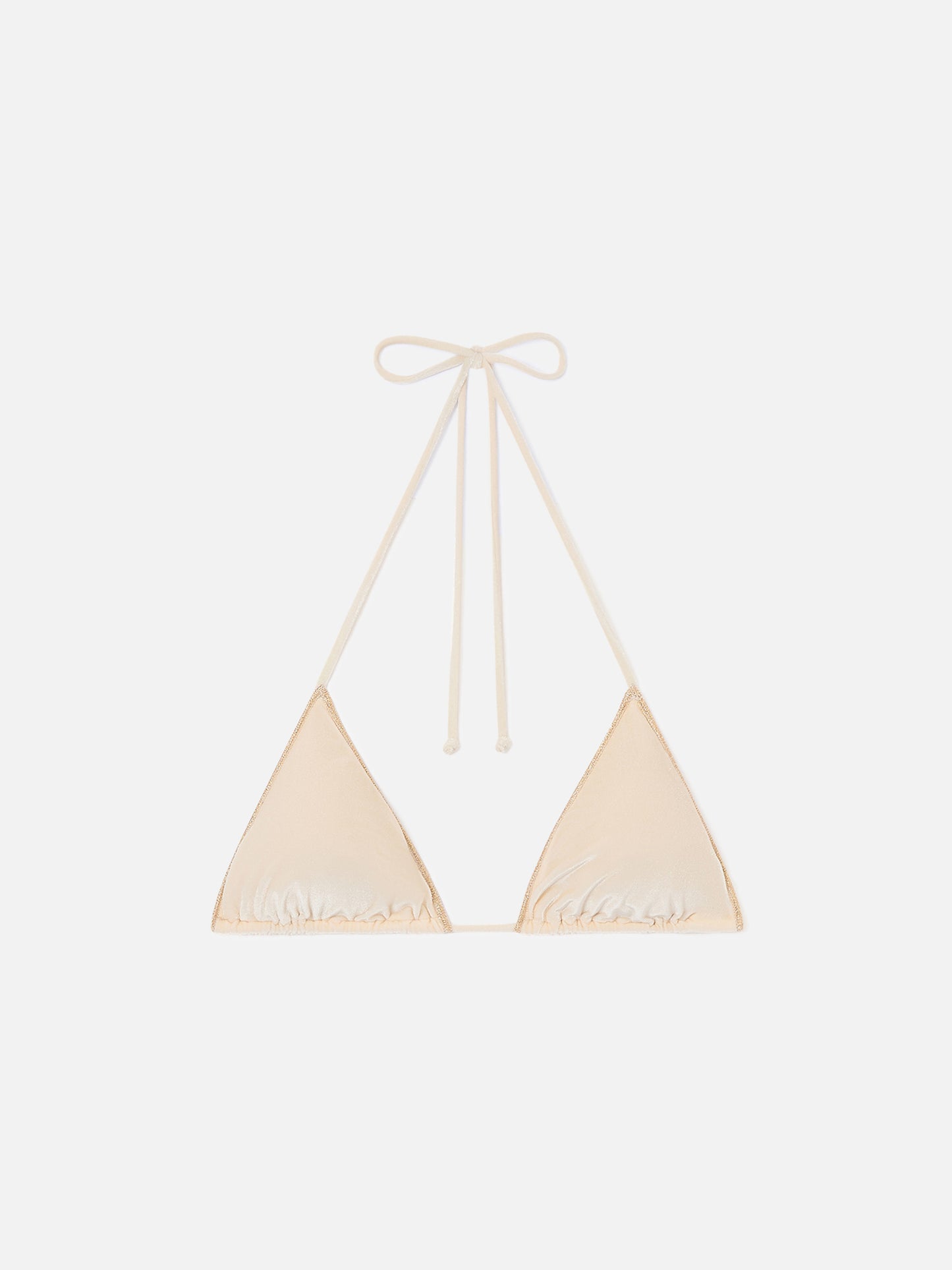 Top de bikini triangular Leah Overlock en terciopelo dorado 