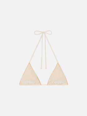 Top de bikini triangular Leah Overlock en terciopelo dorado 