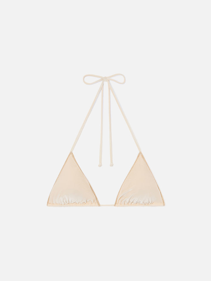 Top de bikini triangular Leah Overlock en terciopelo dorado 