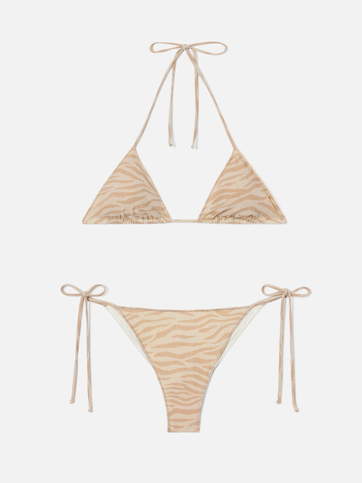 Leah Marielle Overlock Bikini aus Lurex mit Zebra-Print 