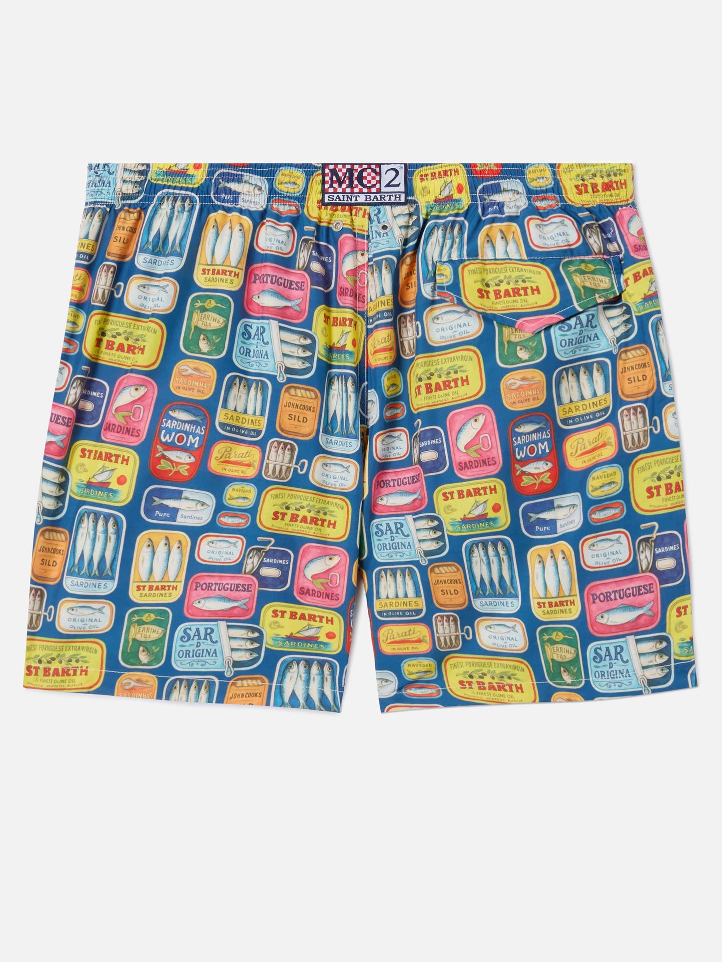 Costume mare Lighting blu con stampa lattine di sardine all-over