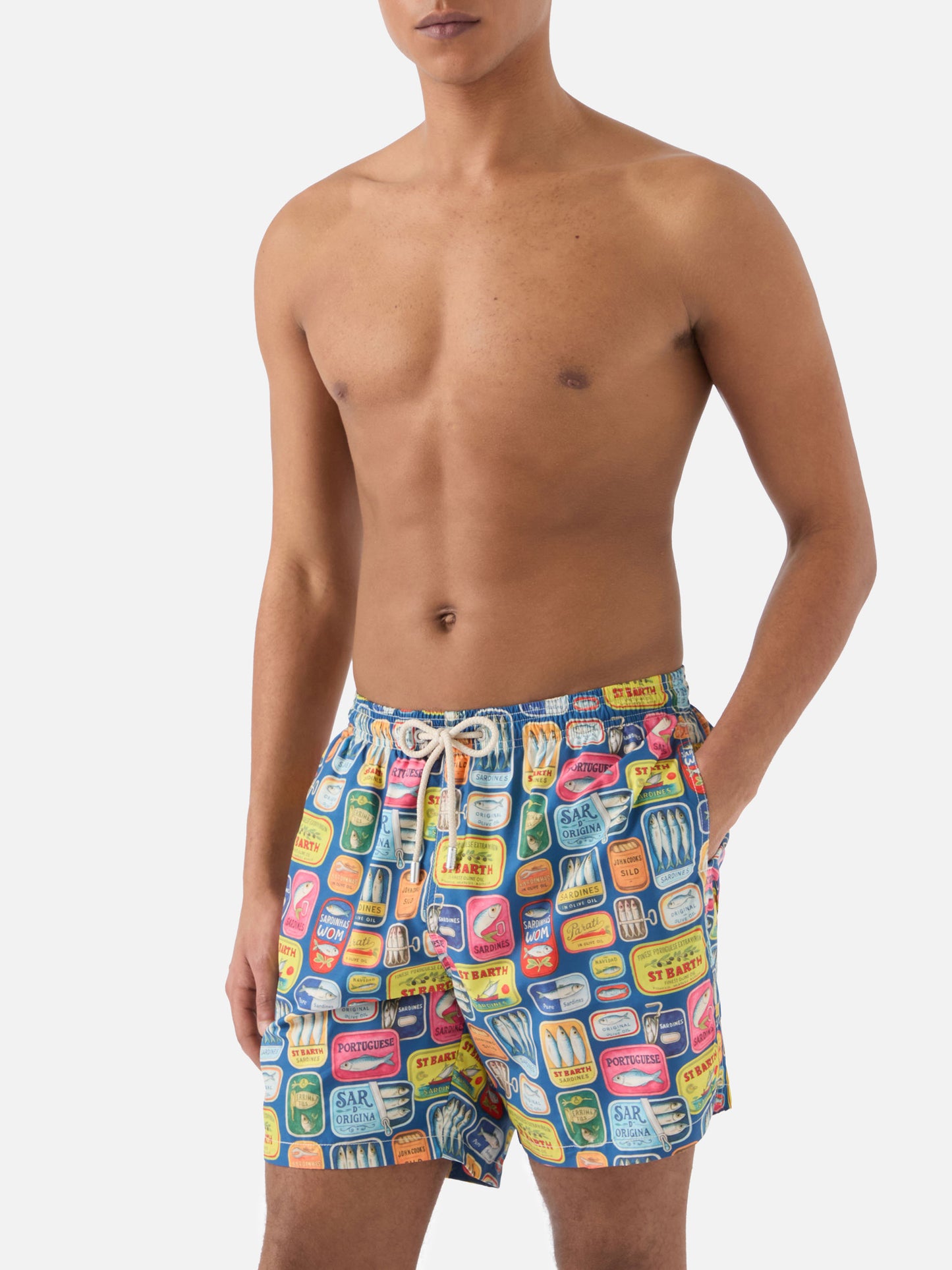 Costume mare Lighting blu con stampa lattine di sardine all-over