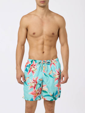 Man lightweight fabric swim-shorts Lighting with tropical flowers print - MC2 Saint Barth