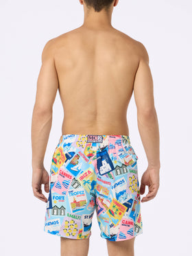 Lightweight fabric swim shorts Lighting with postcards print - MC2 Saint Barth