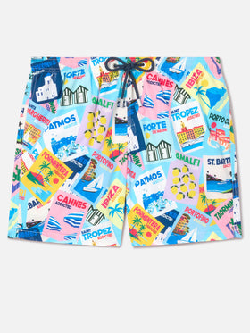Lighting swim shorts with postcard print