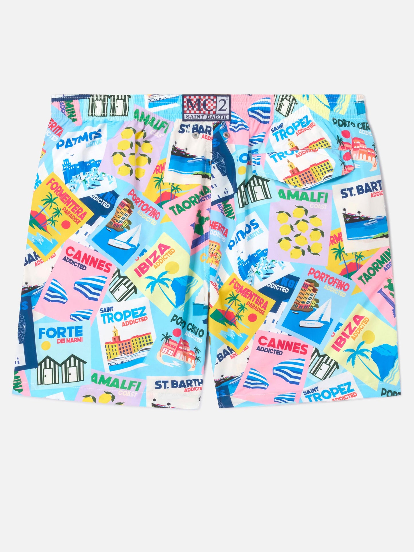Lighting swim shorts with postcard print