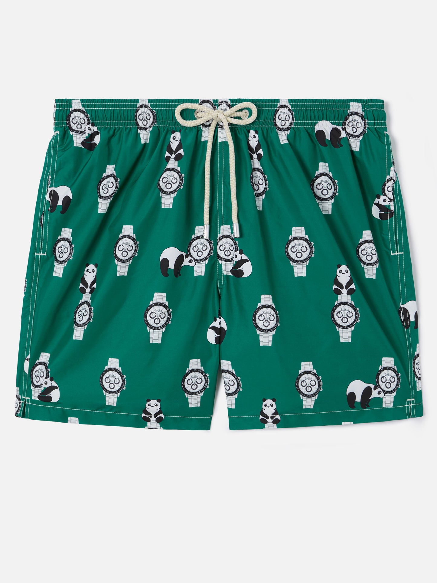 Green Lighting swim shorts with all-over panda and watches print