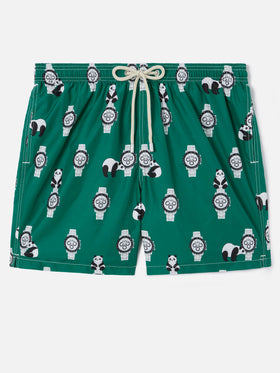 Green Lighting swim shorts with all-over panda and watches print