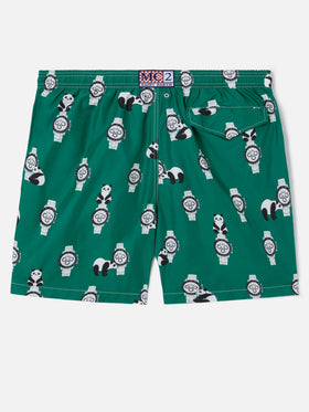 Green Lighting swim shorts with all-over panda and watches print