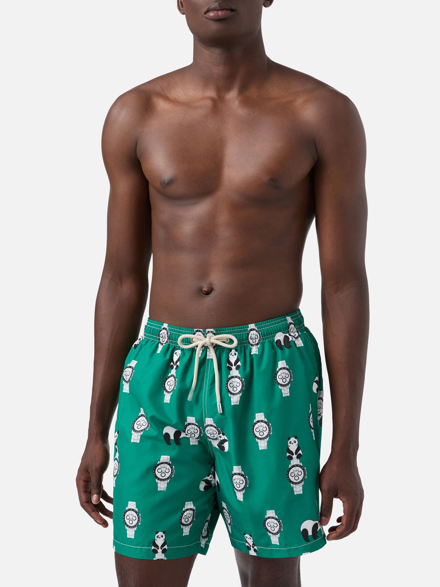 Green Lighting swim shorts with all-over panda and watches print