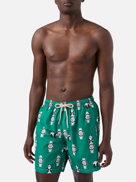 Green Lighting swim shorts with all-over panda and watches print