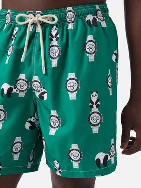 Green Lighting swim shorts with all-over panda and watches print
