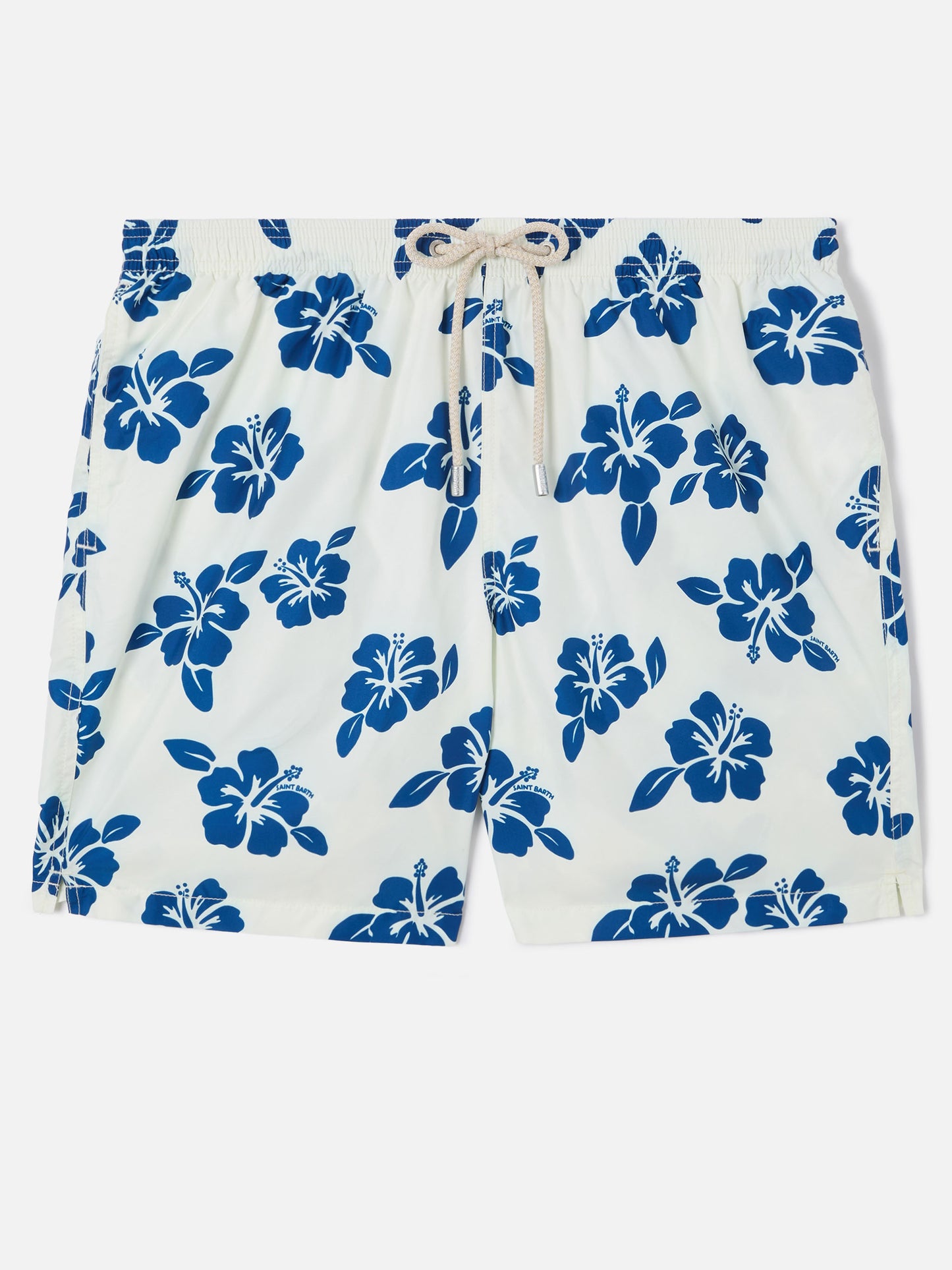 White Lighting swim shorts with all-over hibiscus print
