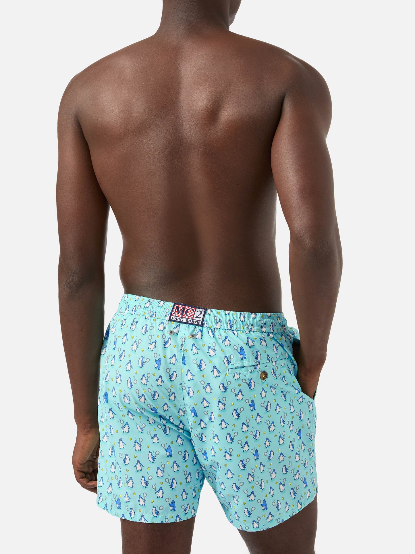 Lighting Micro Fantasy swim shorts in technical fabric with penguin pattern in blue and multicolor