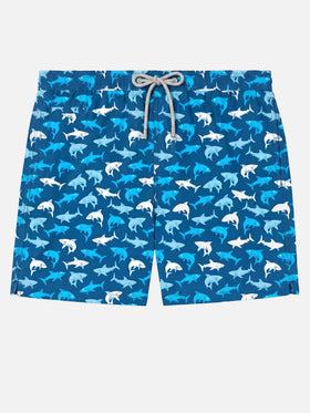 Costume da bagno da uomo in tessuto leggero con stampa squali multicolore