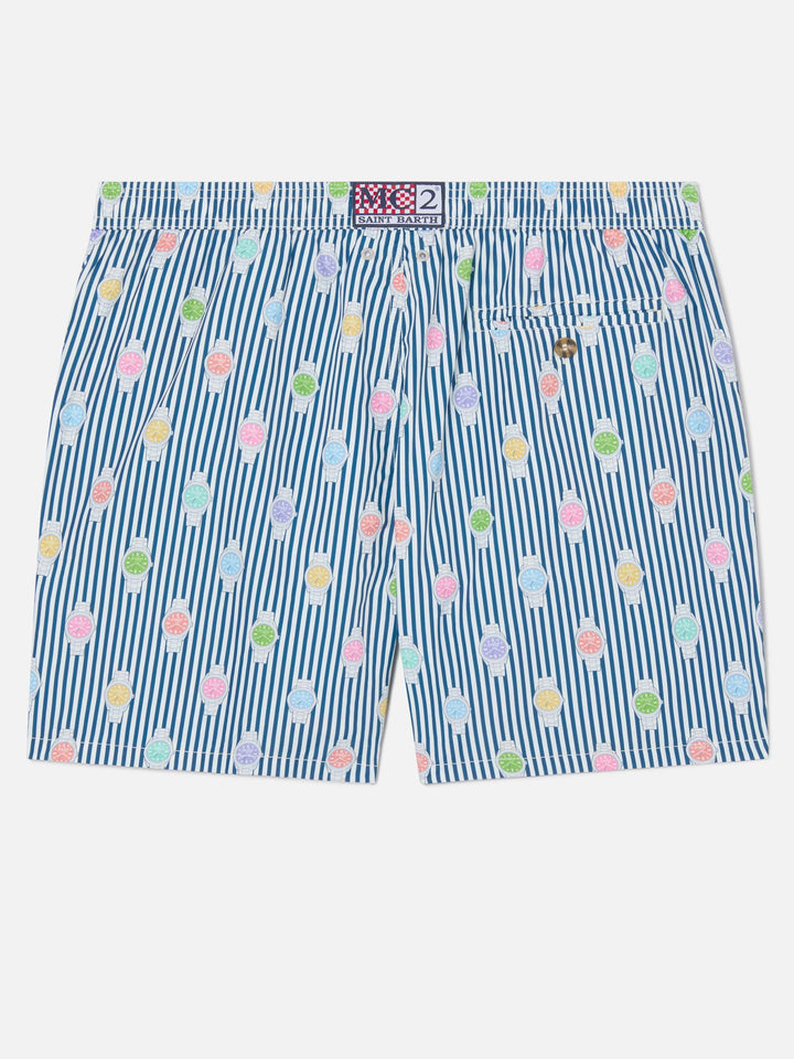Navy striped Lighting Micro swim shorts with watch all-over print