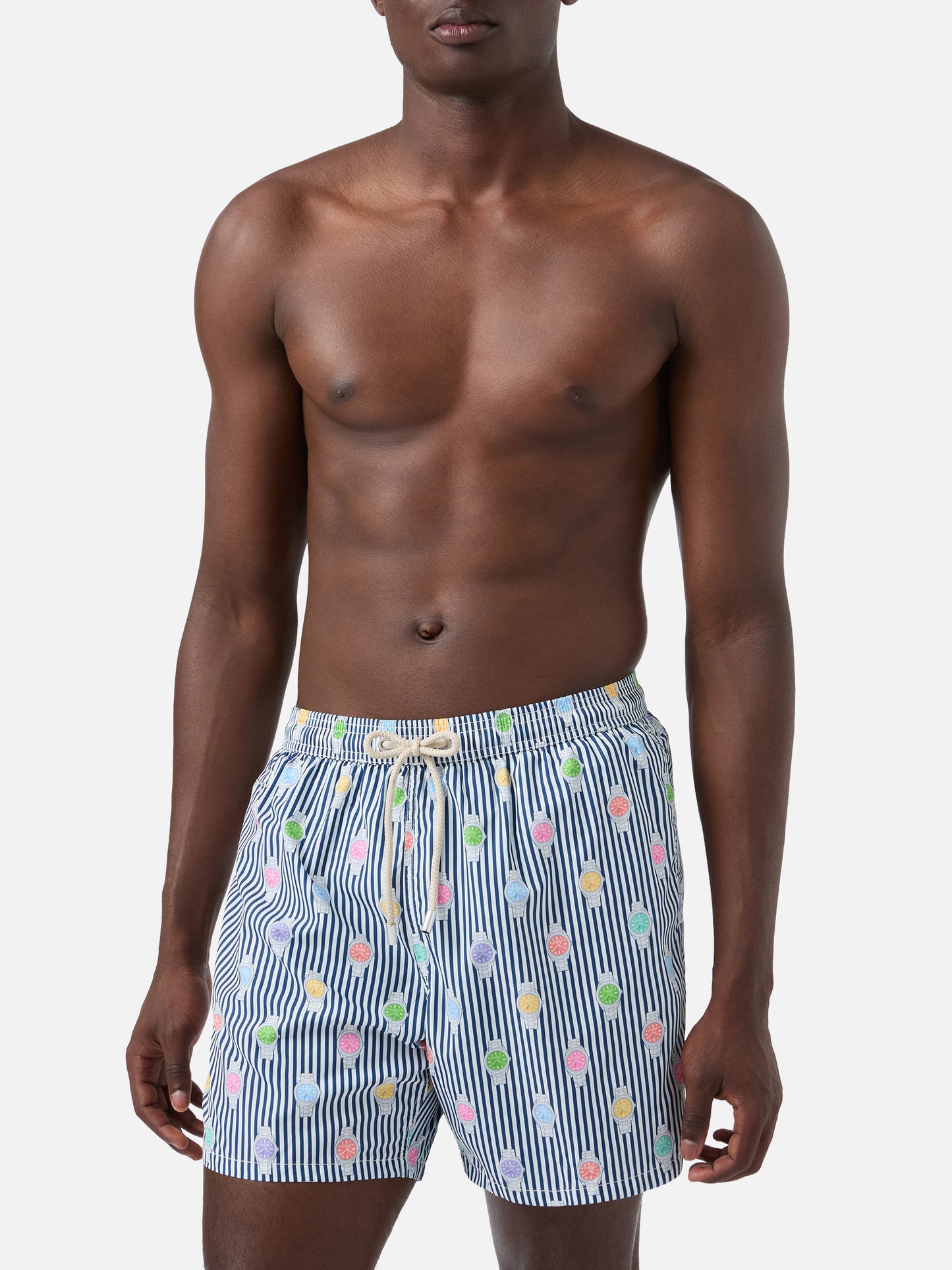 Navy striped Lighting Micro swim shorts with watch all-over print