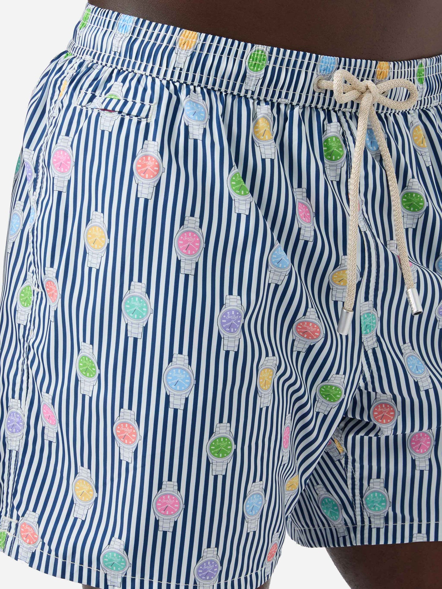 Navy striped Lighting Micro swim shorts with watch all-over print