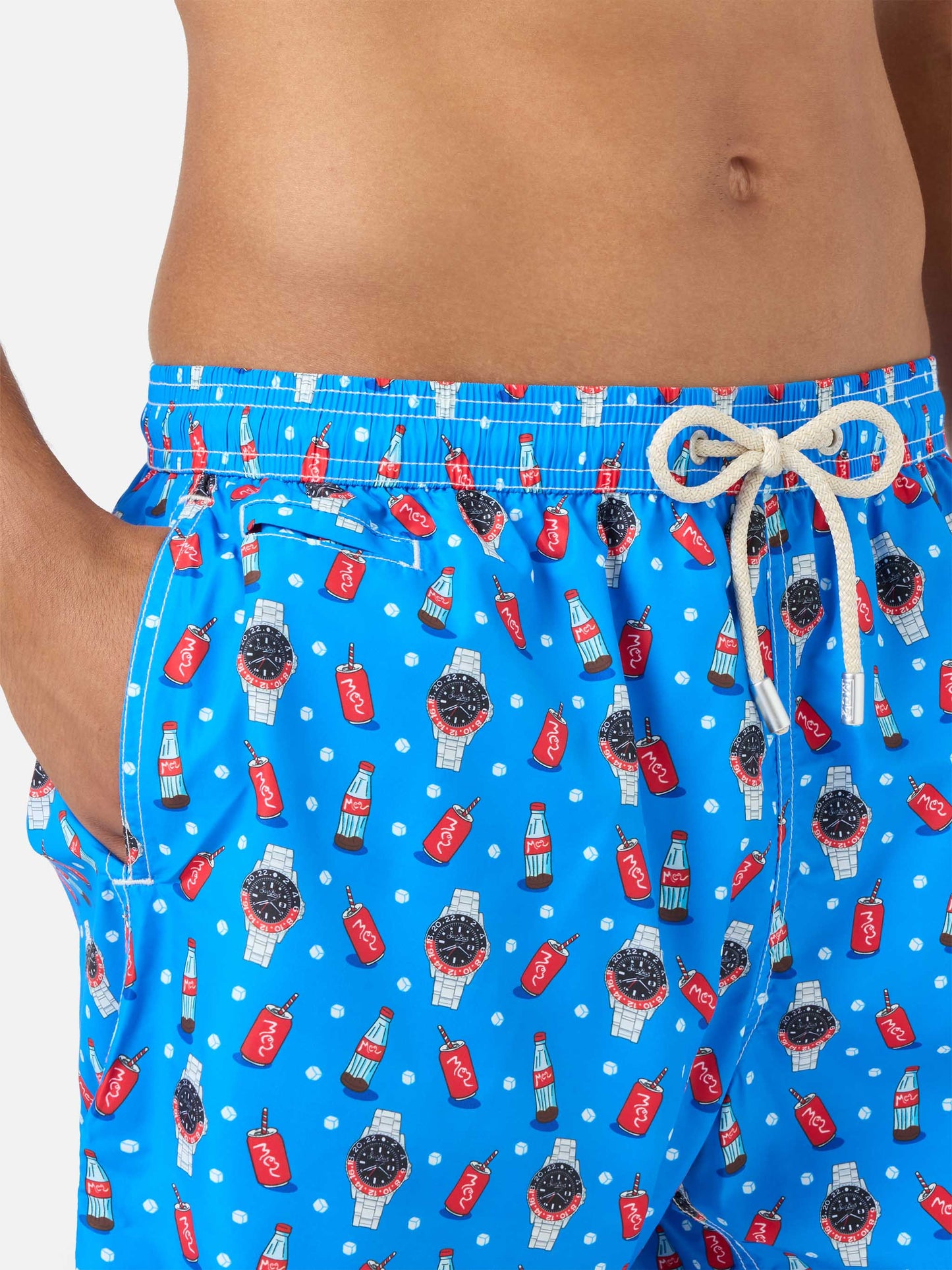 Blue Lighting Micro swim shorts with watch red cola print