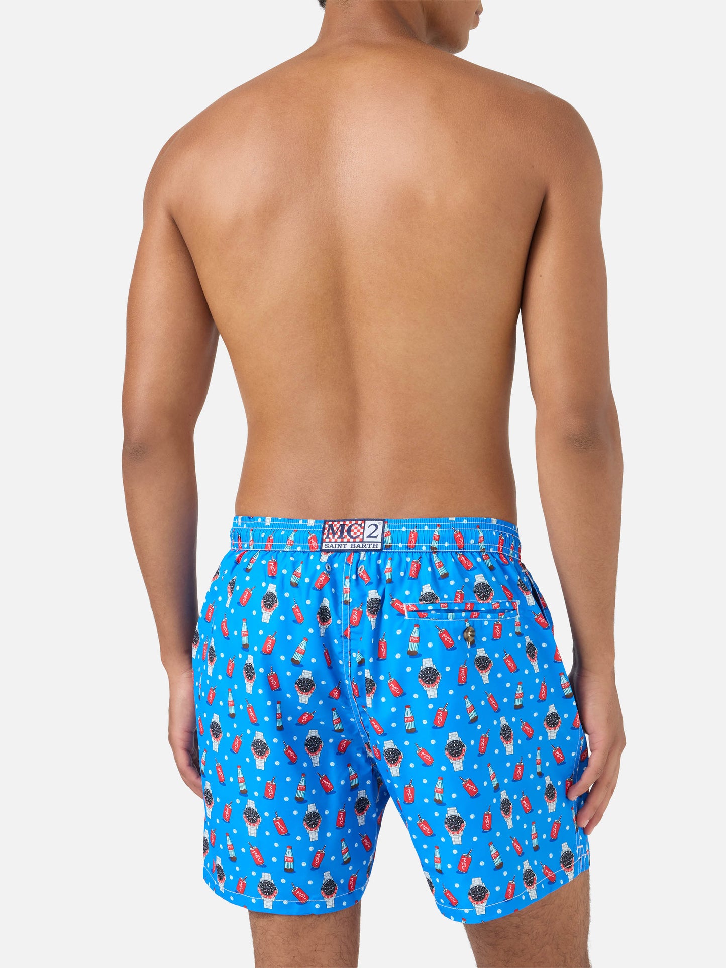 Blue Lighting Micro swim shorts with watch red cola print