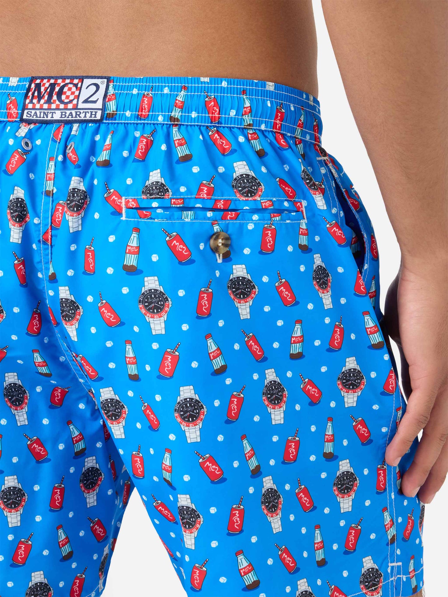 Blue Lighting Micro swim shorts with watch red cola print
