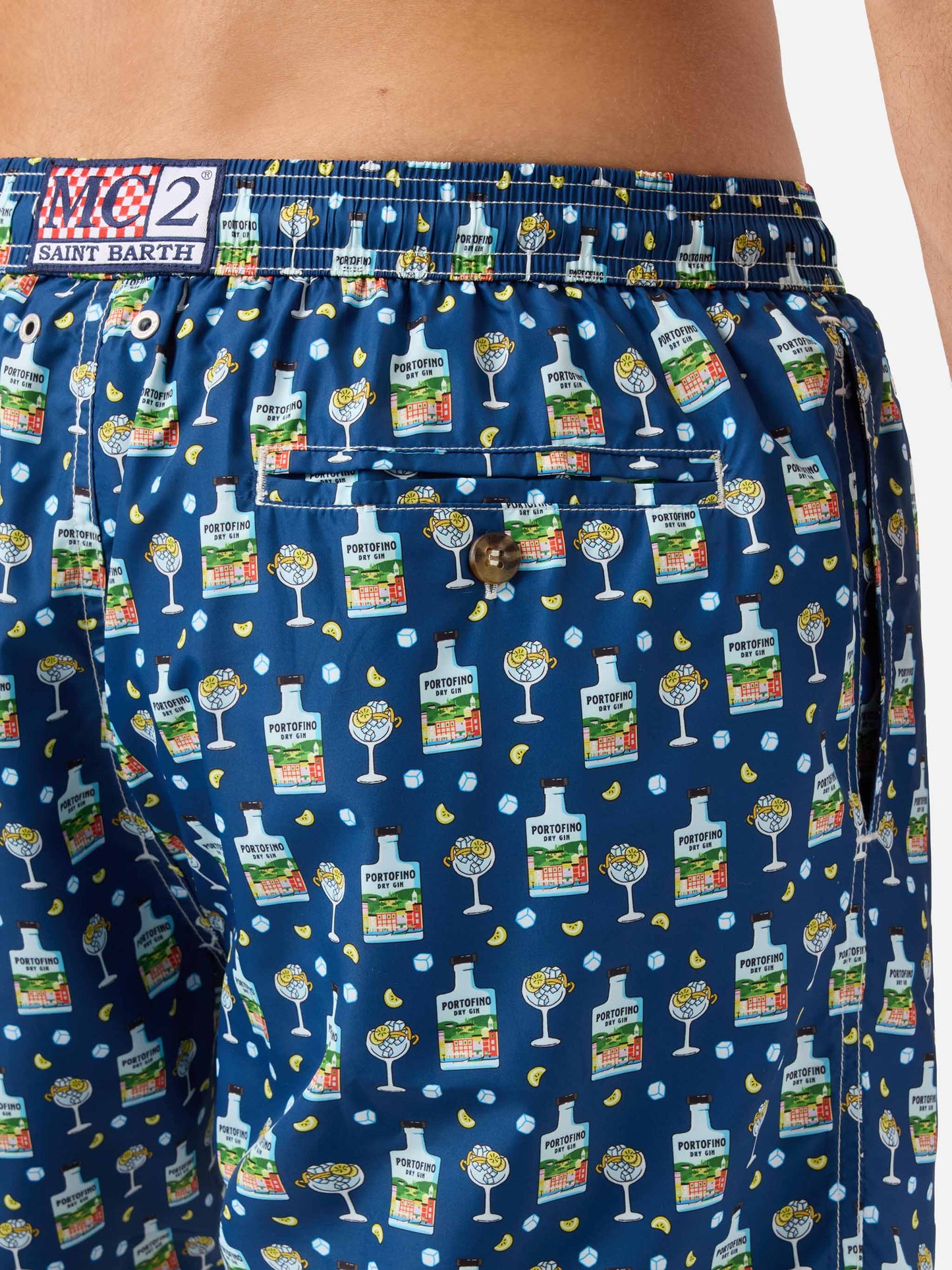 Navy Lighting Micro swim shorts with Portofino Gin print | Special Edition