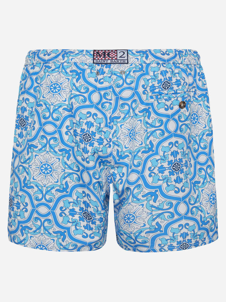 Lightweight fabric swim-shorts Lighting 70 with majolica print - MC2 Saint Barth
