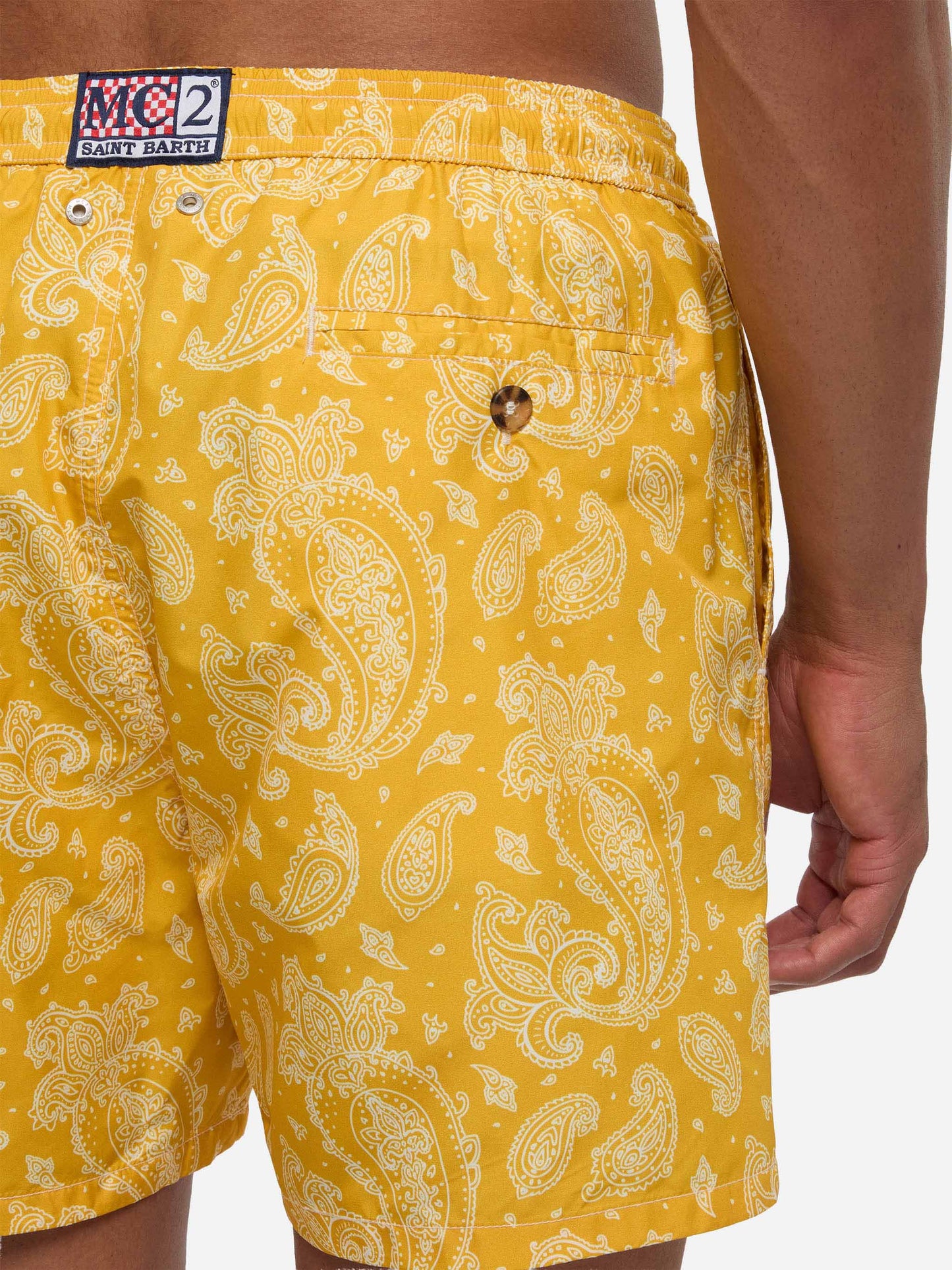 Lighting ochre paisley swim shorts