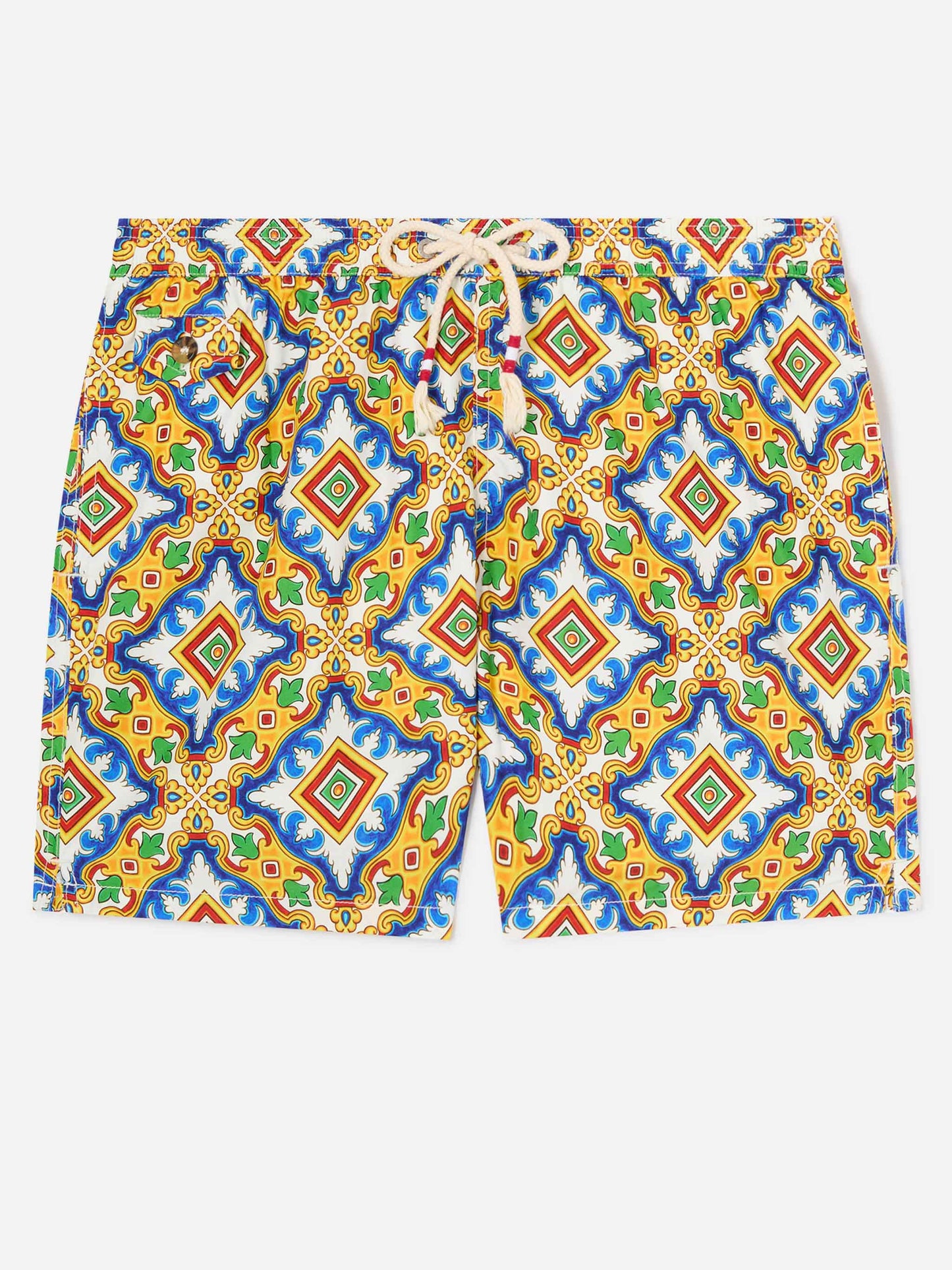 Lighting white multicolor majolica print technical fabric swim shorts