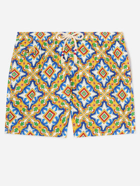 Lighting white multicolor majolica print technical fabric swim shorts