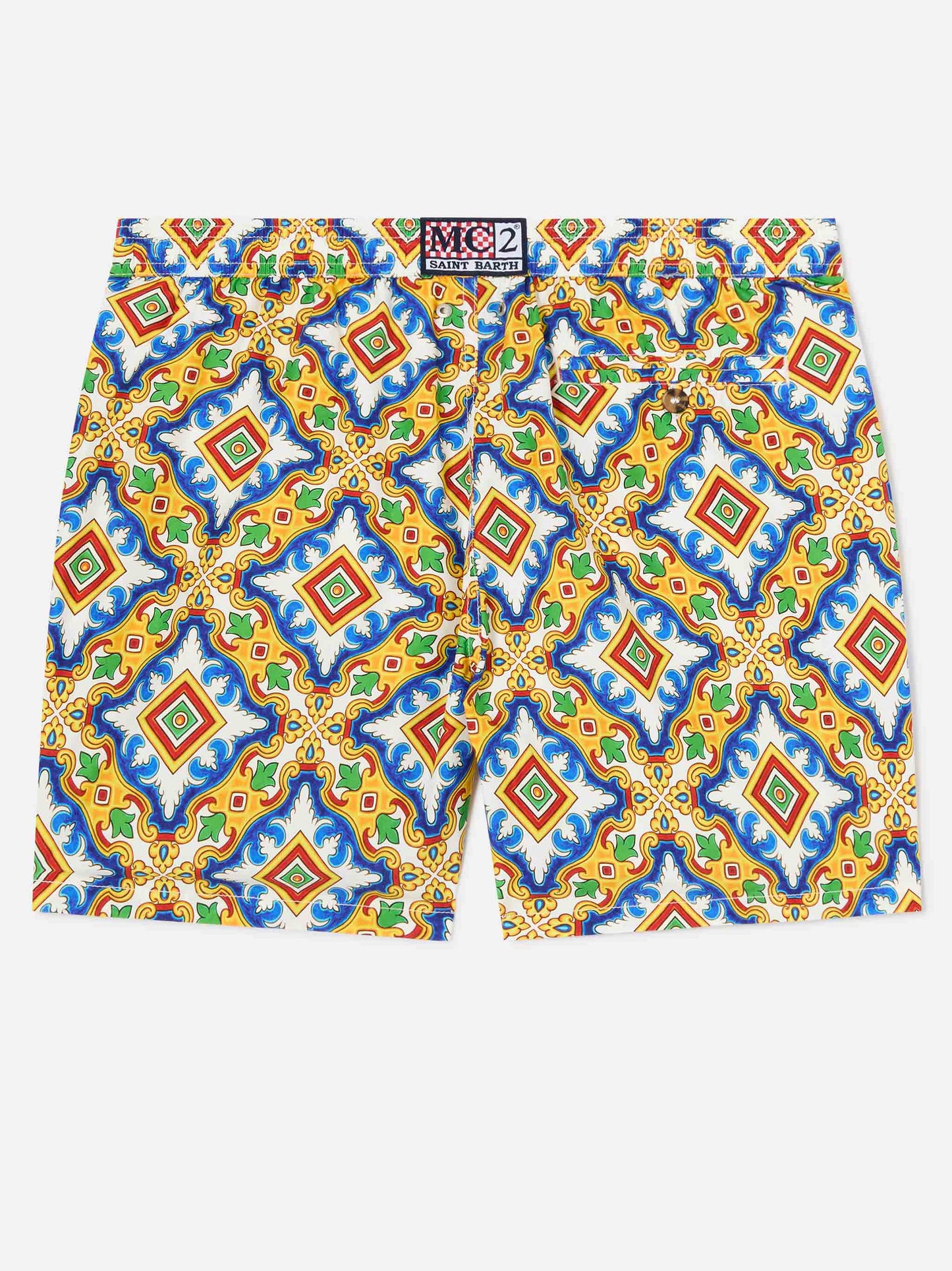 Lighting white multicolor majolica print technical fabric swim shorts