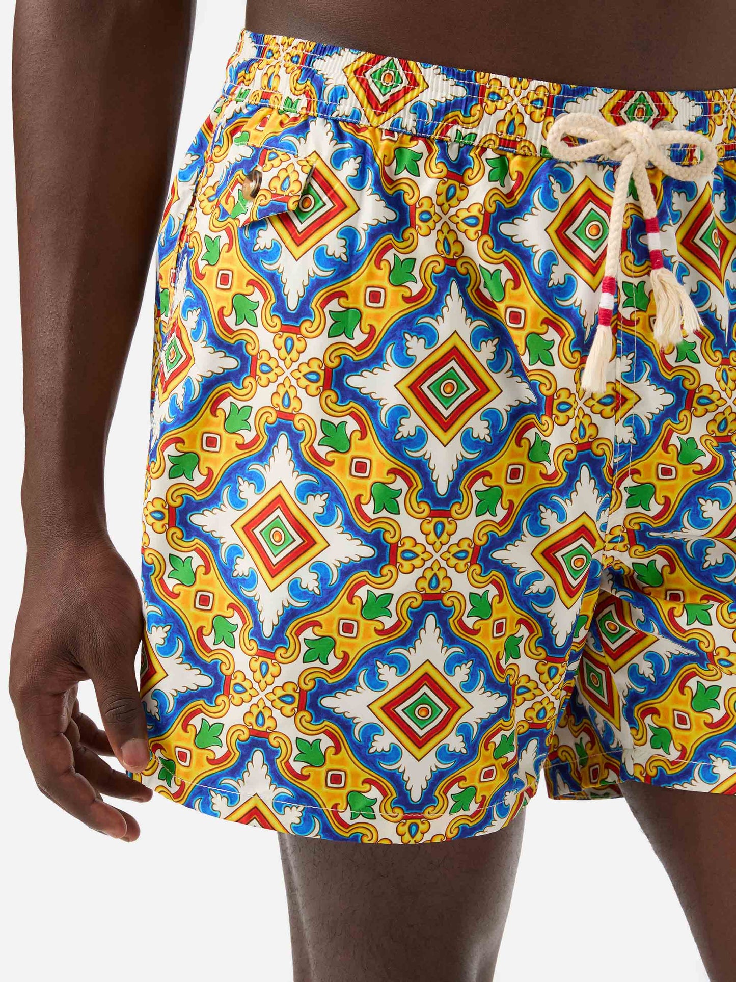 Lighting white multicolor majolica print technical fabric swim shorts
