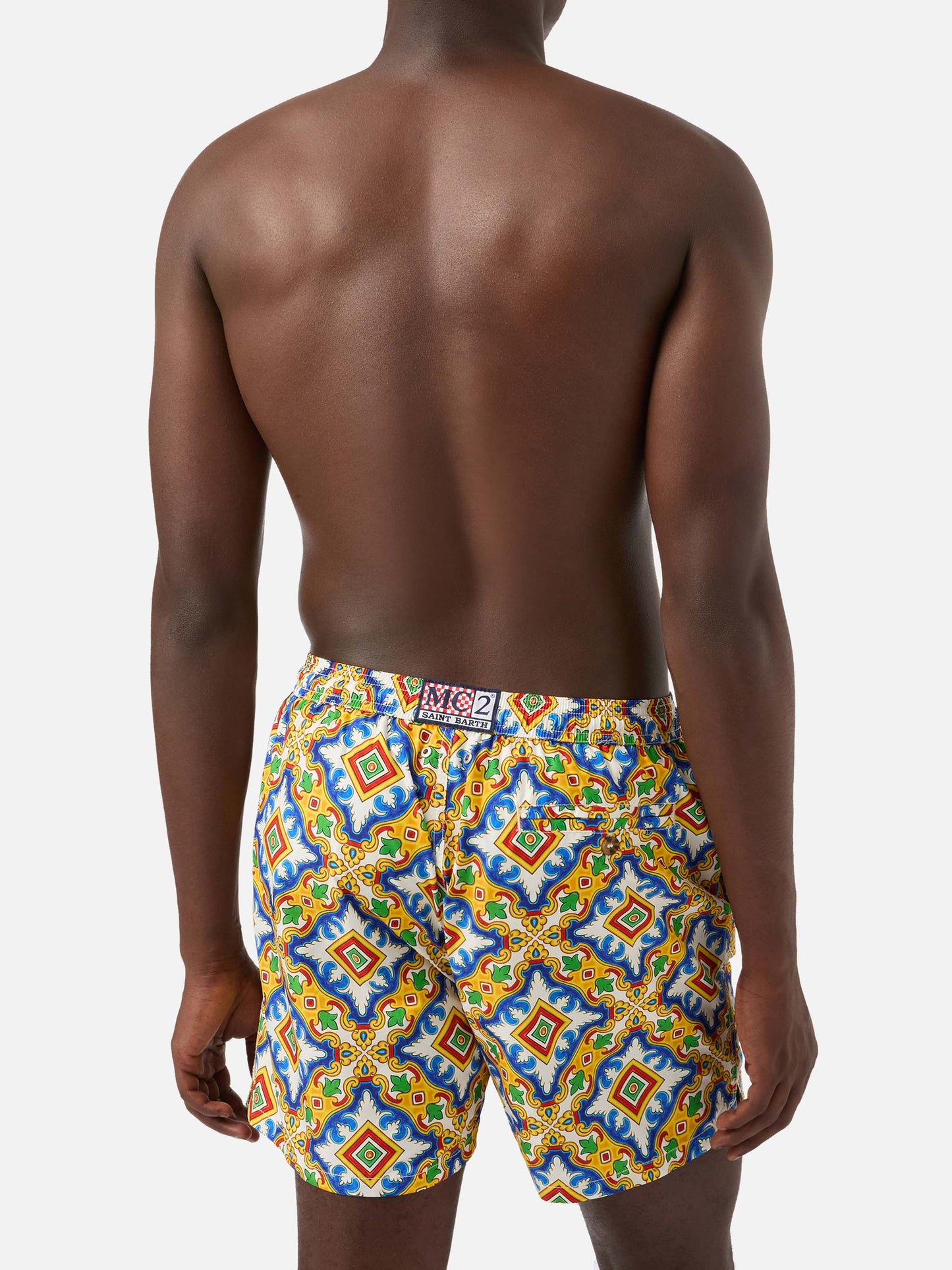 Lighting white multicolor majolica print technical fabric swim shorts