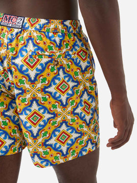 Lighting white multicolor majolica print technical fabric swim shorts