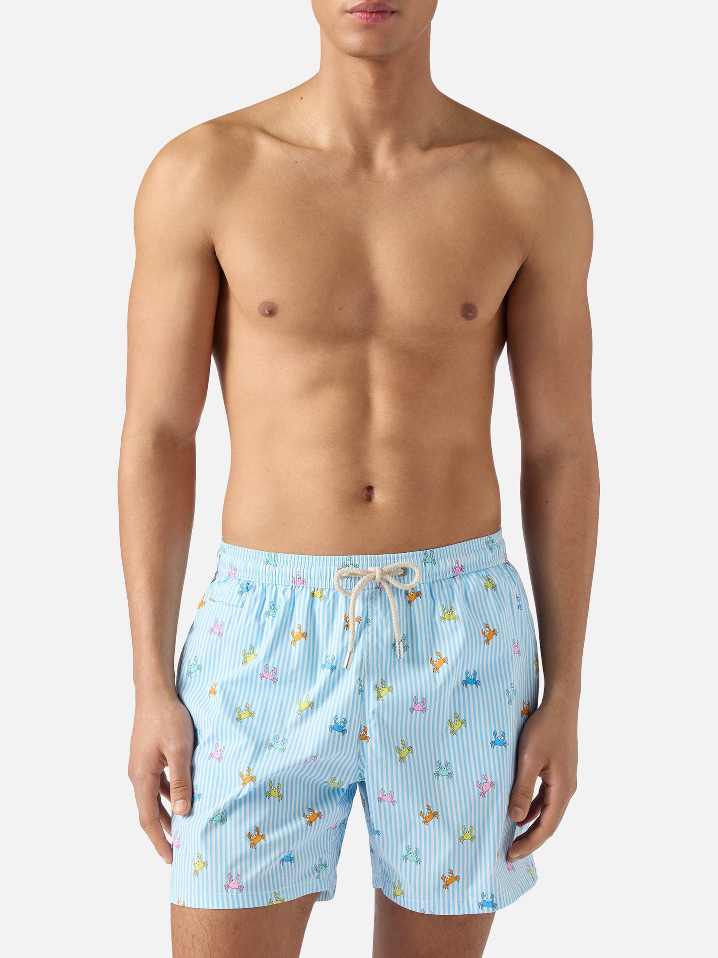 Costume mare Lighting Micro a righe azzurre con stampa granchi all-over