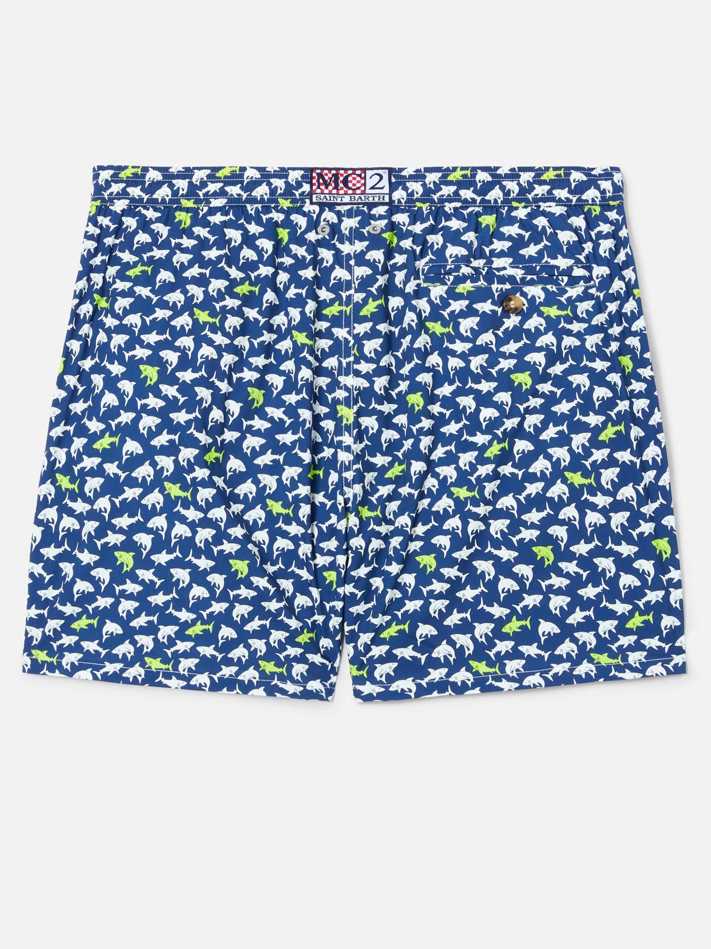 Bañador corto Lighting Micro azul marino con estampado integral de tiburones 