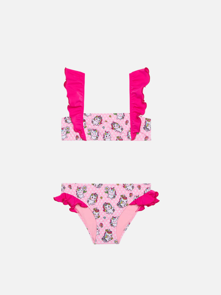 Girl ruffled bandeau bikini with unicorns print