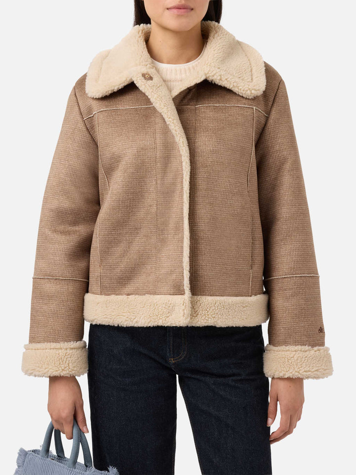 Lorayne Jacke aus Kunstfell in Hahnentrittmuster mit Lammfellbesatz