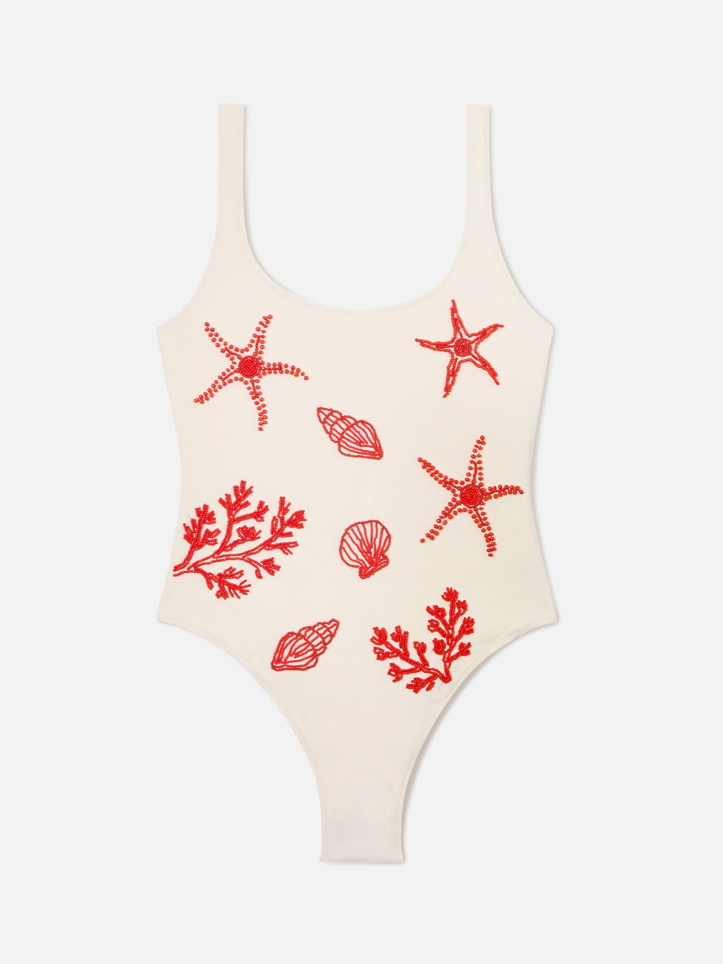 Maillot de bain une-pièce Lora en coloris crème avec décorations perlées sur le thème de la mer 